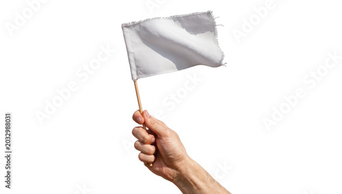 Canvas Print Hand holding white surrender flag with frayed edges, isolated on transparent bac