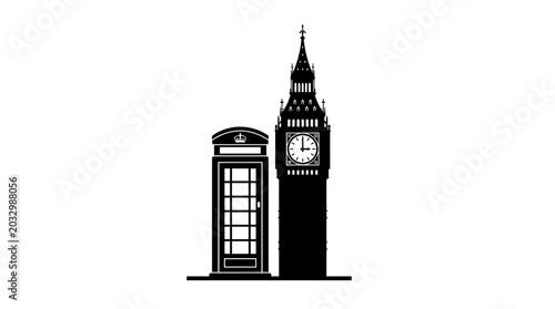 Big ben and red telephone box silhouette on a white background