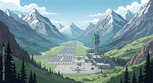 Konstfotografi Mountain Airport Scenic View with Air Traffic Control Tower and Airplanes
