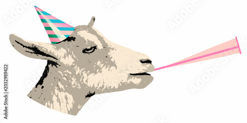 Tableau sur toile Goat With Party Hat And Horn Blowing On A Pink Horn Vector Illustration