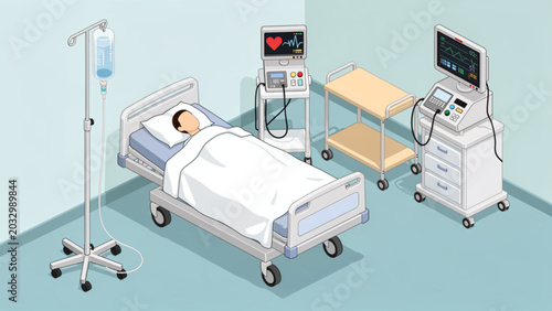 Photos Hospital room with patient bed medical monitors IV stand and healthcare equipmen