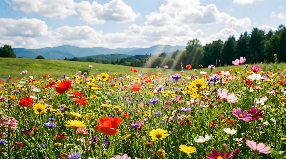 Obraz premium Red poppy field in a beautiful summer meadow under a blue sky