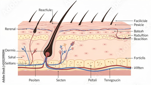 Schilderij op canvas Detailed illustration of human skin cross-section showing hair follicle layers a