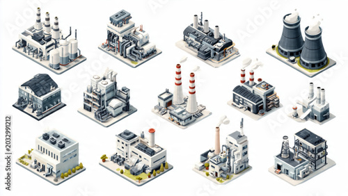 Detailed isometric view of industrial plant with cooling towers and factories in neutral tones