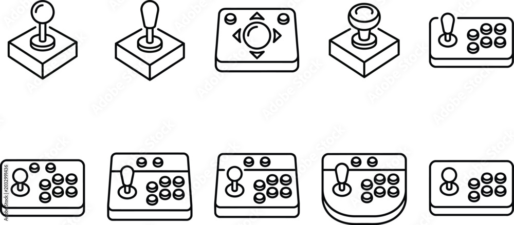 Fototapeta premium Collection of line art icons depicting retro arcade joysticks and game controllers.