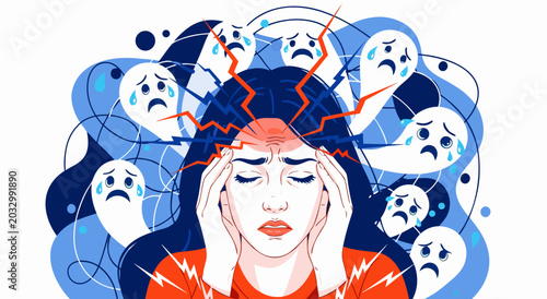 Obraz na plátně Stressful Emotions Vector Illustration of a Woman Experiencing Head Pain and Anx