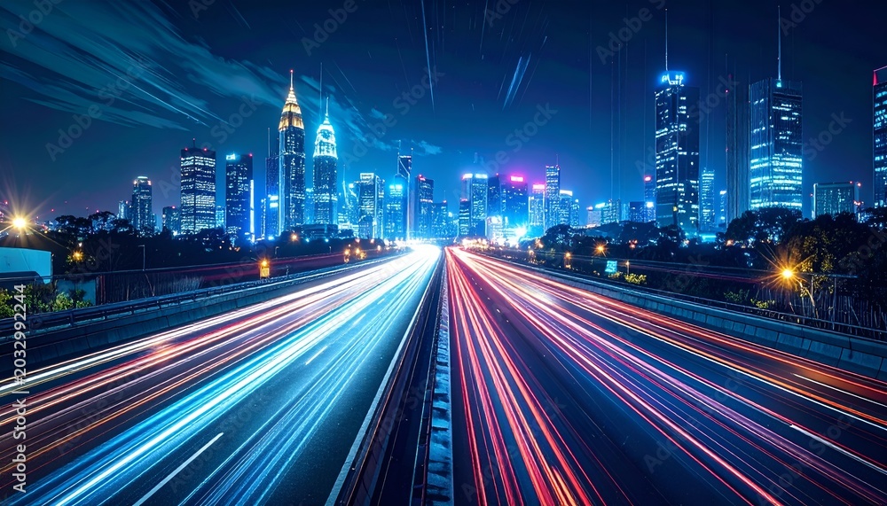 Fototapeta premium City lights blaze above a long highway. Cars streak in streaks of blue and red