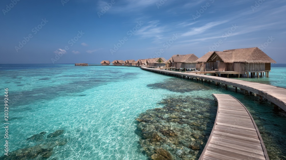 Fototapeta premium Wooden cabins over turquoise water under a bright blue sky on a sunny day