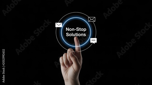 Hand touching glowing circular interface with text Non-Stop Solutions surrounded by communication icons, symbolizing continuous digital support and business connectivity
