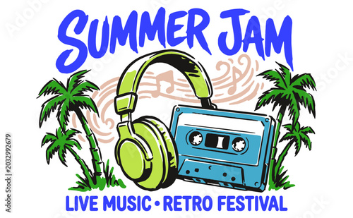 Konstfotografi Summer Jam Retro Festival music design with cassette tape and headphones for t-shirt print, poster, sticker, background and other uses