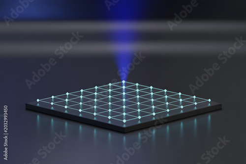 Futuristic glowing blue grid on dark surface with light beam projecting upward, symbolizing quantum computing, data processing, and advanced digital network innovation