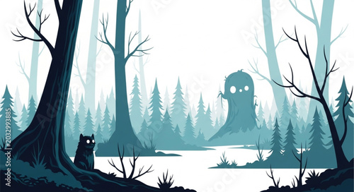 Fotografía Mysterious creature lurking in a foggy forest landscape.