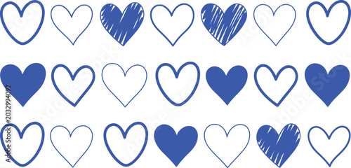 Collection of royal blue hand-drawn heart icons, Bold outlines and varied scribble style illustration, Creative set of vector web icon layouts for love and romance, Modern professional romantic design