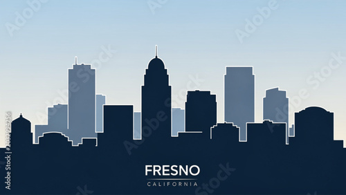 Photography Stylized city skyline silhouette of Fresno California with clear blue sky backgr