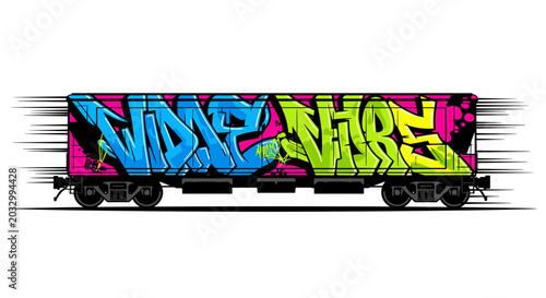 Graffiti art on a moving train car with vibrant colors.