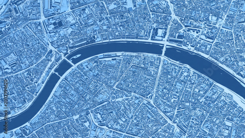 Cuadro en lienzo Aerial view of a blue-toned cityscape featuring a winding river and densely pack