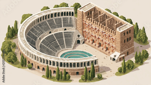 Foto Aerial View of a Classic Roman Amphitheater with Surrounding Greenery and Blue P