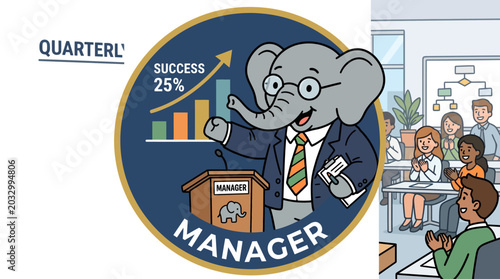 Konstfotografi Business Manager Elephant Character Leading Team in Office Setting