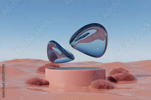 Two translucent blue glass forms floating above pink podium on glossy terrain with coral-like vegetation, symbolizing balance, innovation, and futuristic abstract design