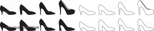 Foto Minimalist high heels icon set, black silhouette and outline stiletto shoes, 16