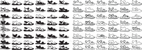 Bild auf Leinwand Minimalist sandal icons set, 70 summer footwear vector elements, black and white