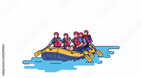 Group on inflatable raft paddles through blue water