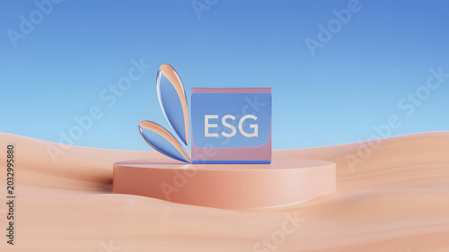 3D render of translucent cube with ESG text and abstract glass leaves on peach podium under blue sky, symbolizing environmental, social, and governance sustainability in modern business