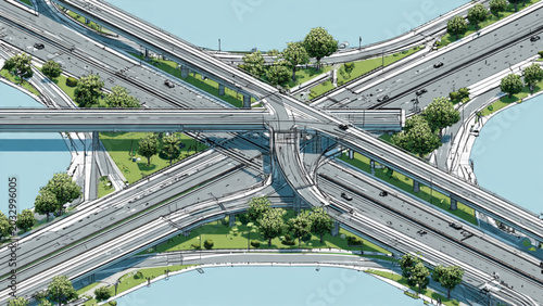 Obraz na plátně Aerial view of complex multi-level highway interchange with overpasses and green