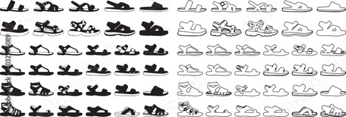 Bild auf Leinwand Minimalist sandal icons set, black and white summer footwear vector collection,