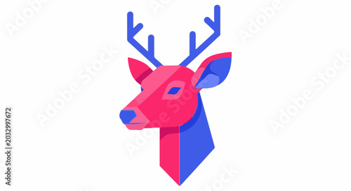Geometric deer head illustration with pink and blue polygons