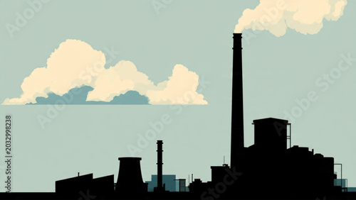 Schilderij op canvas Industrial factory silhouette with smokestack against cloudy sky scene in muted