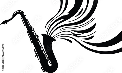 Photography Abstract black silhouette of a classic saxophone instrument playing beautiful flowing musical sound waves for vintage live jazz festival concert and acoustic melody
