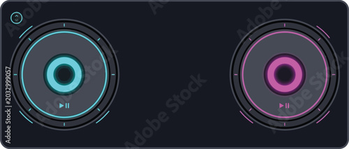 Bild auf Leinwand Modern digital dj music mixer user interface design featuring neon blue and pink glowing turntable decks for audio track playback control and virtual soundboards