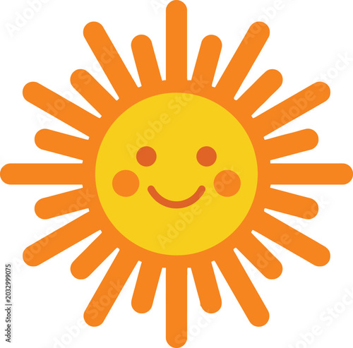 Fotografija Adorable happy smiling sun character face with rosy cheeks and bright orange rays for beautiful cheerful summer weather and warm sunny morning kids design elements