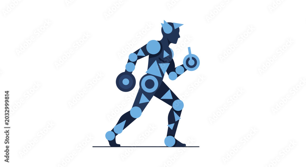 Fototapeta premium Abstract Human Figure Running with Geometric Shapes and Blue Tones, White Background