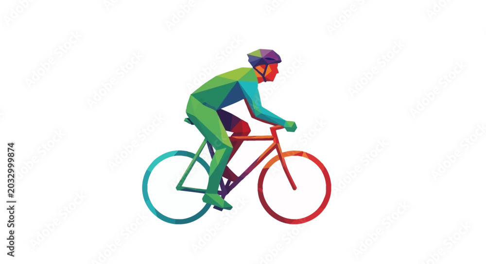 Fototapeta premium Colorful low poly cyclist riding a bicycle on white background