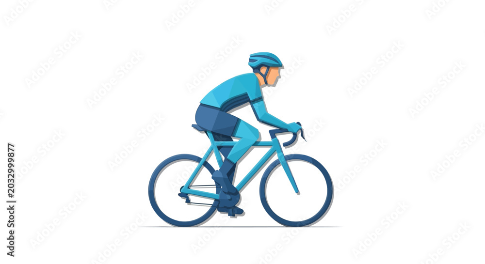 Fototapeta premium Cyclist in blue gear riding a bicycle on a white background, side view, active lifestyle