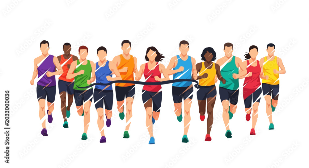 Obraz premium Diverse runners crossing finish line, competitive race, sport, achievement, victory, marathon
