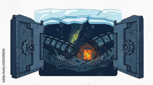Frozen Vault of Secrets: An immense, ice-bound vault, its heavy doors ajar, reveals a hidden underground chamber filled with mystery and wonder, illuminated by a warm, inviting glow from within.