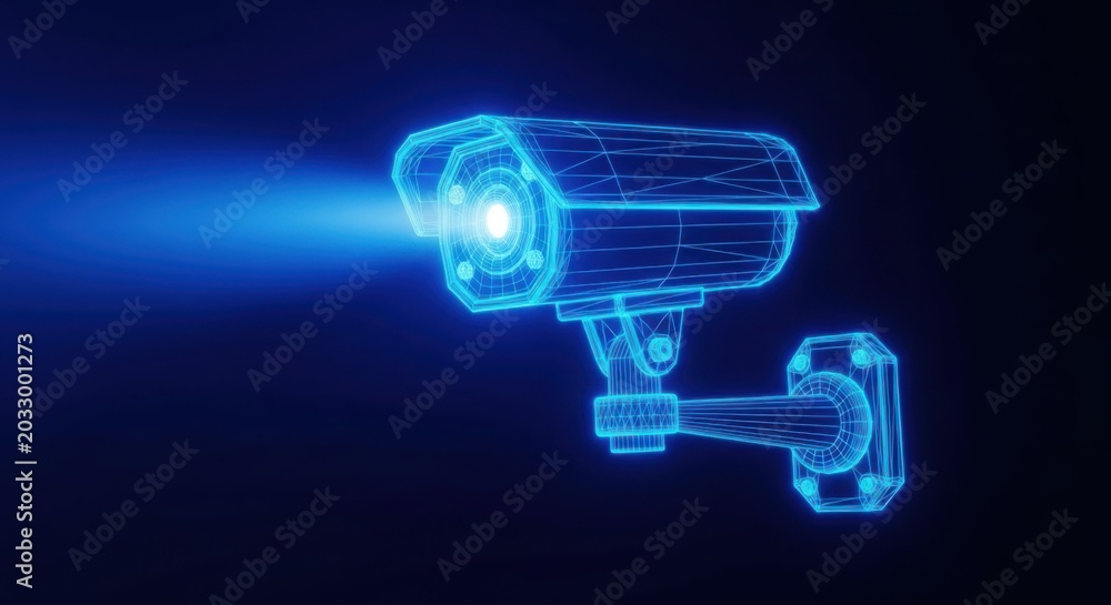 Obraz premium Digital wireframe security camera in glowing blue illustration