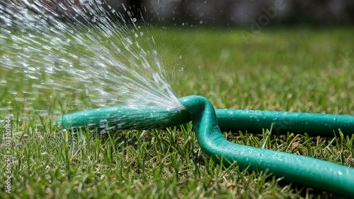 constriction. Green garden hose kinked, spraying water on sunlit grass. event key visuals, club posters, designed for sports event promotions and stadium branding and fitness apps and gym onboarding.