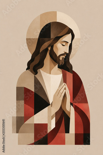 Jesus Christ with hands clasped in prayer, wearing a red robe and a halo