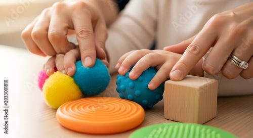 Professionals guide childs hands interacting with sensory toys on a developmental day