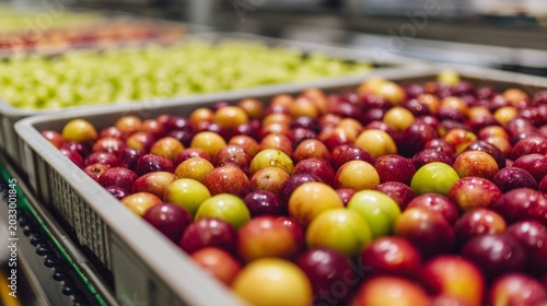 Ripe juicy fruits in a container. Production facilities of large warehouse - grading, packing and storage of crops
