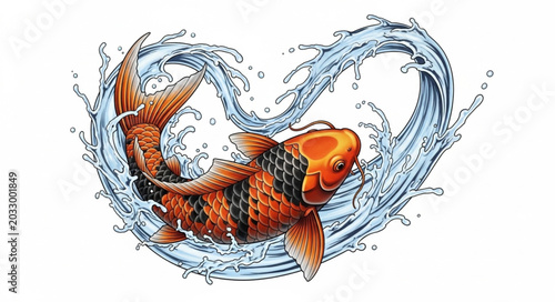 Photography Orange Koi Fish Swimming Through Heart Shaped Water Splash.