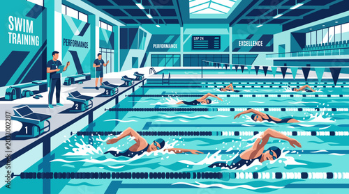 Indoor Swimming Pool with Swimmers Practicing Laps and Aquatic Training.