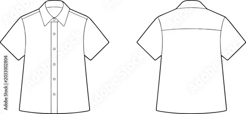 Short‑sleeve button‑up shirt vector illustration showing front and back technical flat sketch for fashion and apparel projects