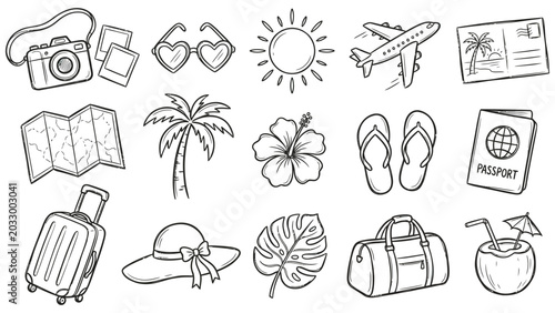 Photos Travel Vacation Elements Naive Doodle Sketch Vector
 set of hand drawn illustrat
