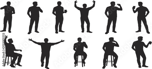 Silhouette Collection Of Men In Various Poses Holding Cups And Celebrating male person