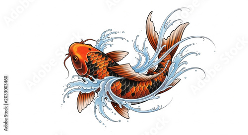 Konstfotografi Orange Koi Fish Swimming Through Water Splashes.